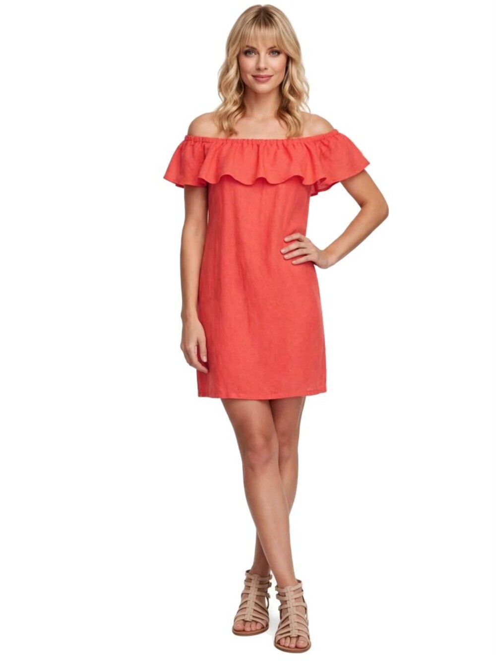 Tommy Bahama Shift Dress Tunic Linen Blend Ruffle Melon Coral Pockets XXS XS S